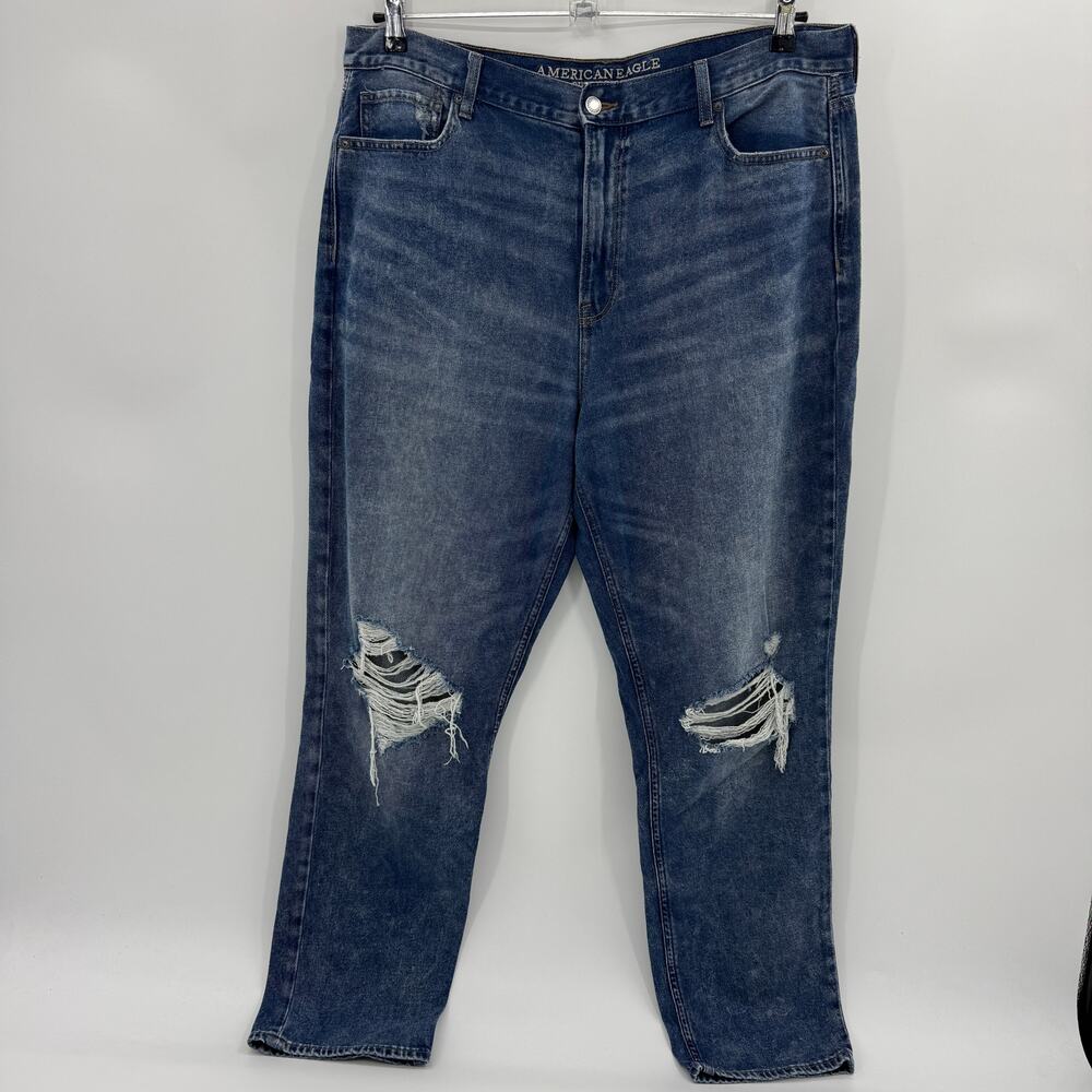AMERICAN EAGLE Womens Mom Jean Size 16 Long Distressed Dark Wash Acid Wash